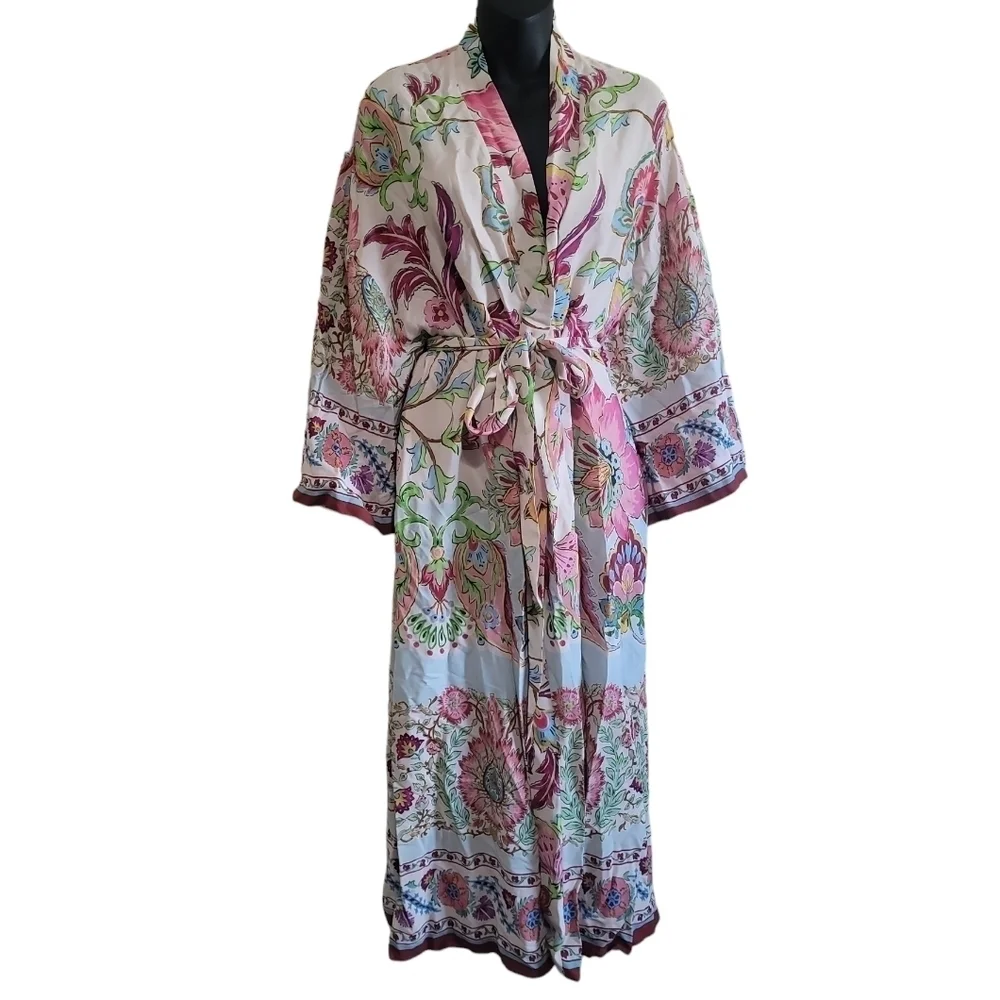 Zara Floral Pink Green Multicolor Printed Kimono Jacket With Belt Sz Small NWT - Picture 5 of 10